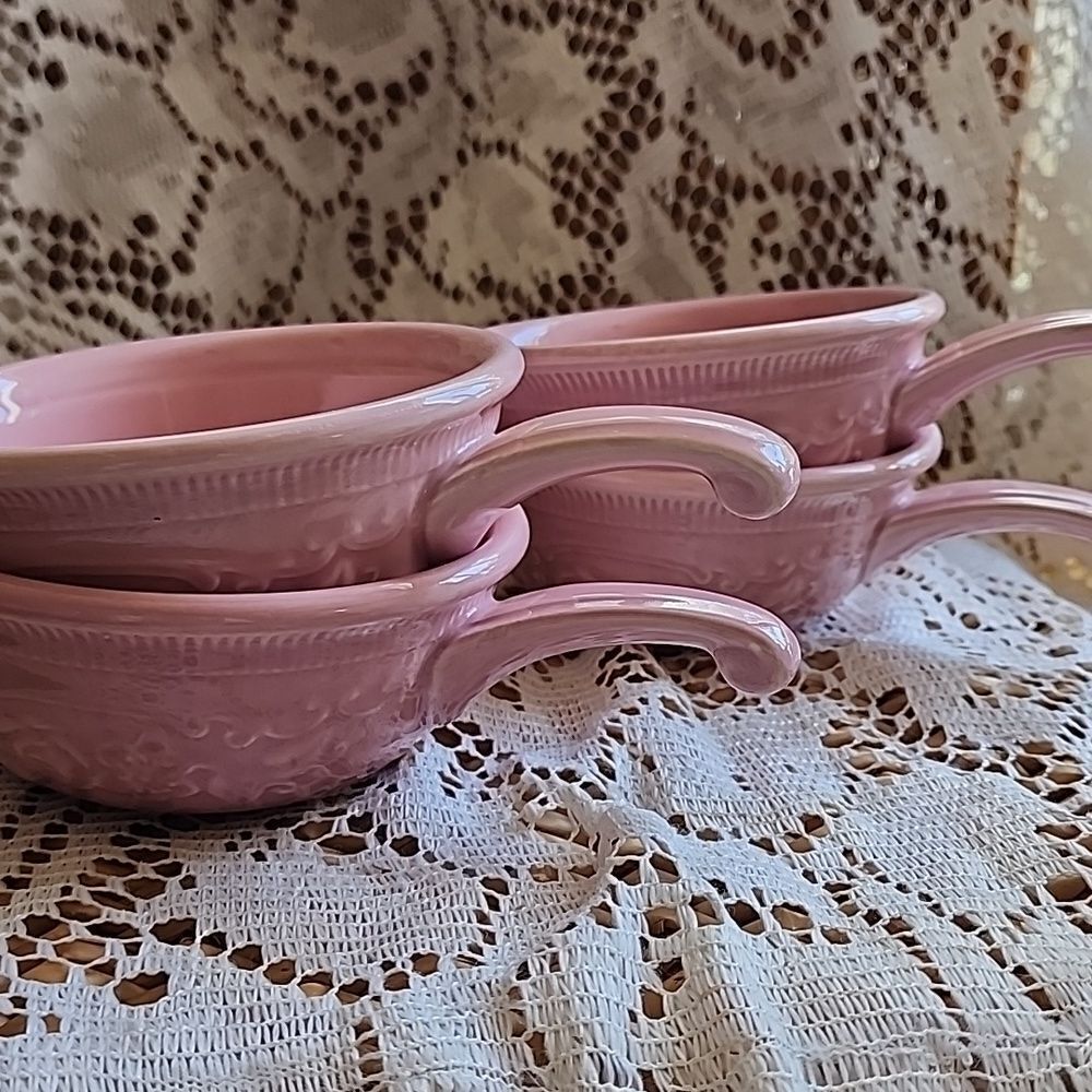 Antique Vintage Taylor Smith & Taylor Pink Oven Serve Ware Handled Small Bowls